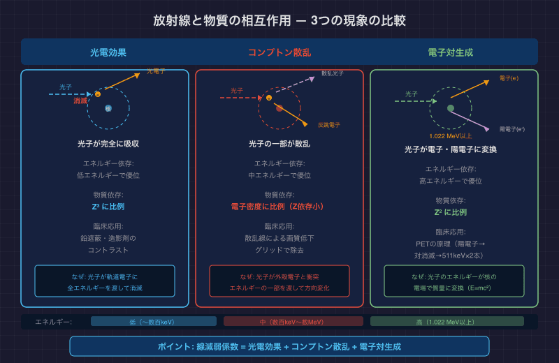 放射線と物質の相互作用 — 光電効果・コンプトン散乱・電子対生成の比較