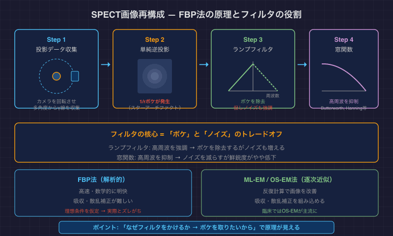 SPECT画像再構成 — FBP法の原理とフィルタの役割