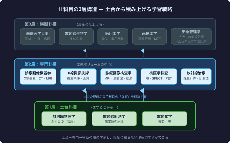 11科目の3層構造図 — 土台・専門・横断の関係