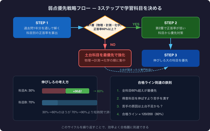 弱点優先戦略フロー — 3ステップで学習科目を決める