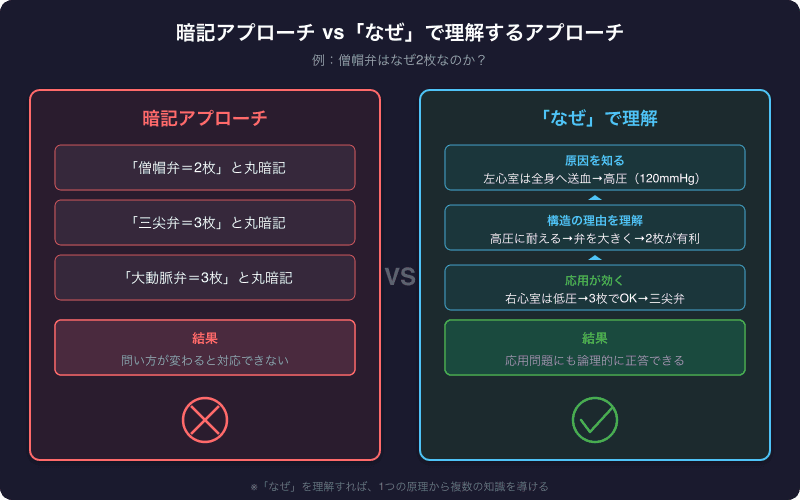 暗記アプローチと「なぜ」で理解するアプローチの比較