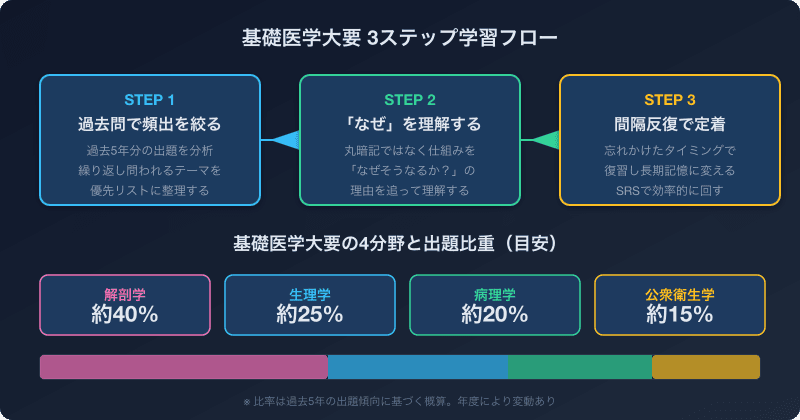 基礎医学大要の3ステップ学習フローと4分野の出題比重