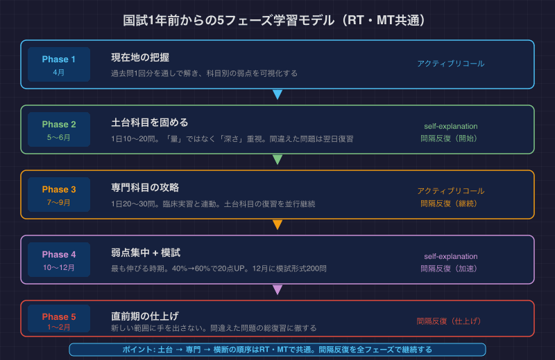国試1年前からの5フェーズ学習モデル — Phase 1〜5の流れと各フェーズで使う学習法