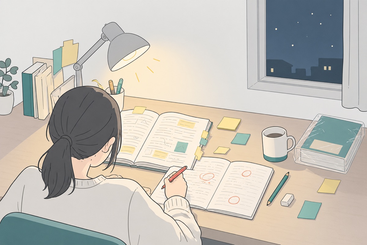 直前の夜、付箋だらけの過去問を解き直す机。端には包装されたままの新しい問題集