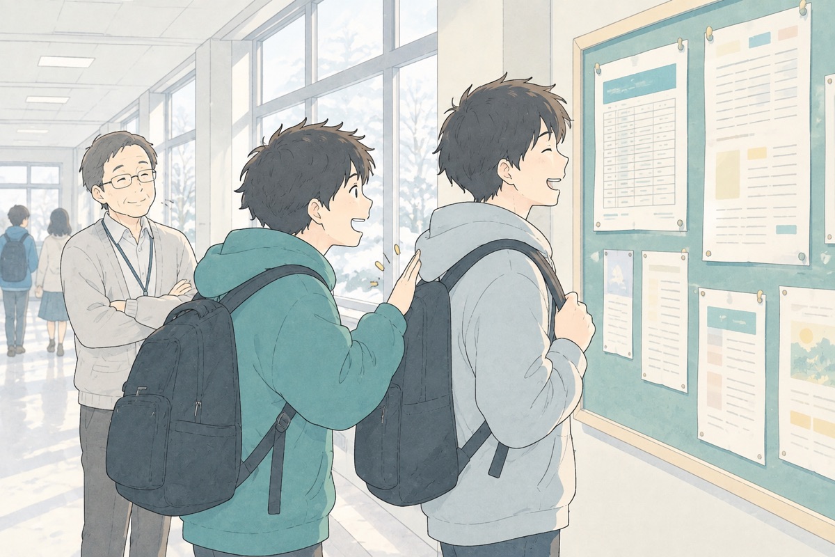 掲示を見てほっとする学生と、背中をたたく友達。少し離れて先生がうなずいている