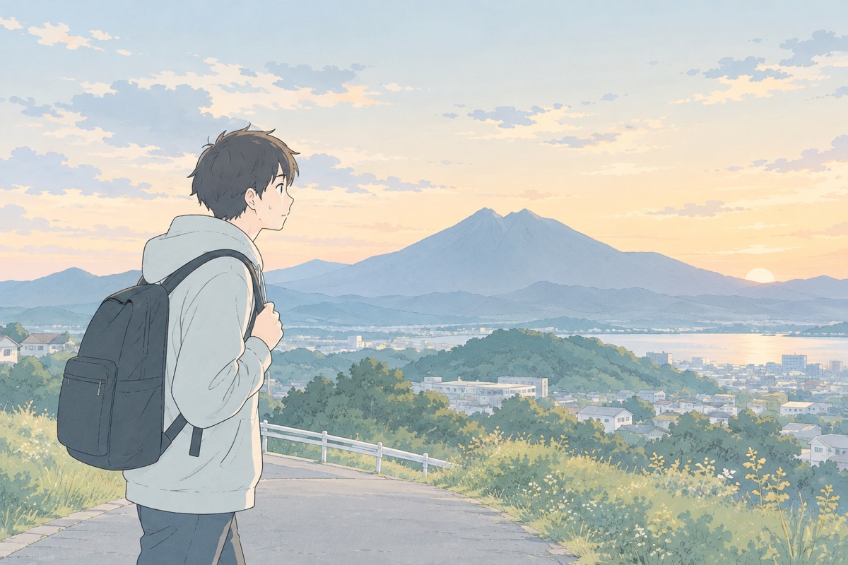 夕方の道で、手前の丘と奥の大きな山を見上げる学生