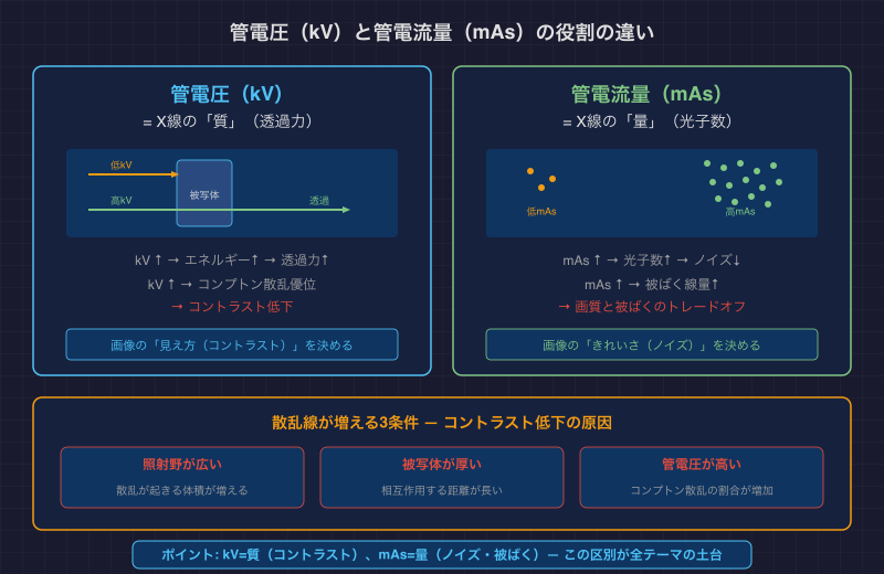 管電圧(kV)と管電流量(mAs)の役割の違い