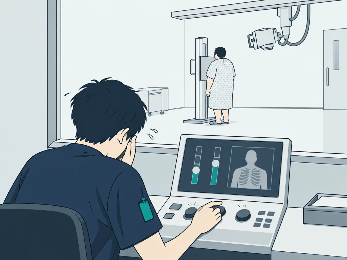一般撮影の操作室。体格の大きい患者さんが胸部撮影台の前で待っていて、技師がコンソールの前で、どの条件を変えればいいか分からず頭を抱えている